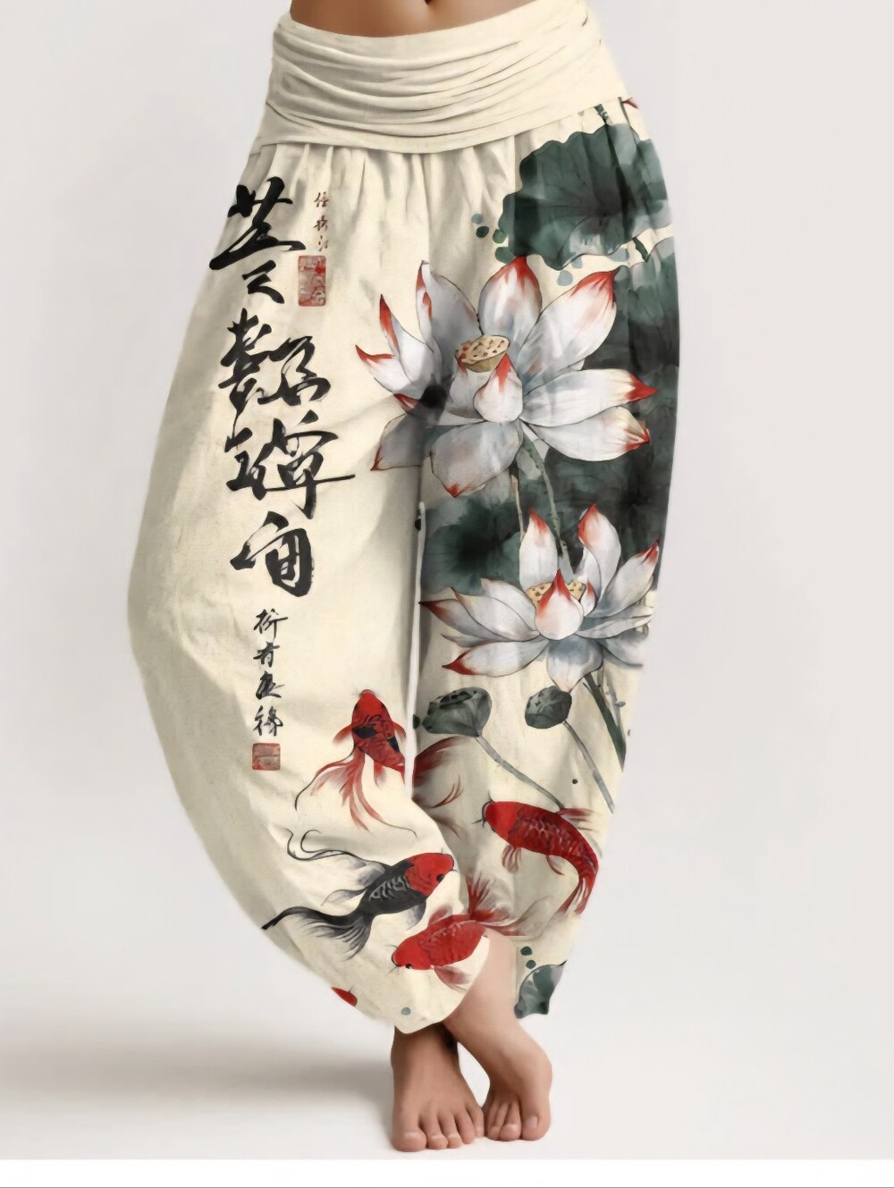 NWT 2X(US 14) BuddhaStones Cotton Lotus Red Koi Fish Ink Calligraphy Harem Pants